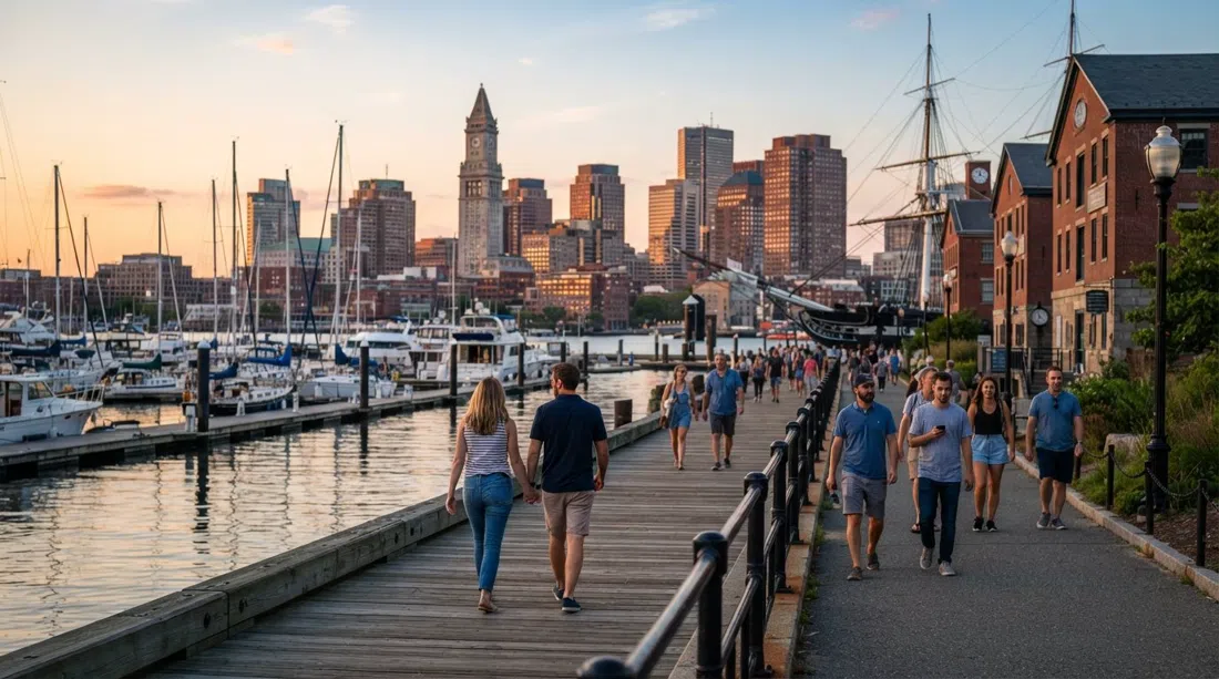 the Charlestown Navy Yard Harborwalk at golden hour, pedestrians beside the piers with marinas and the downtown Boston skyline across the water