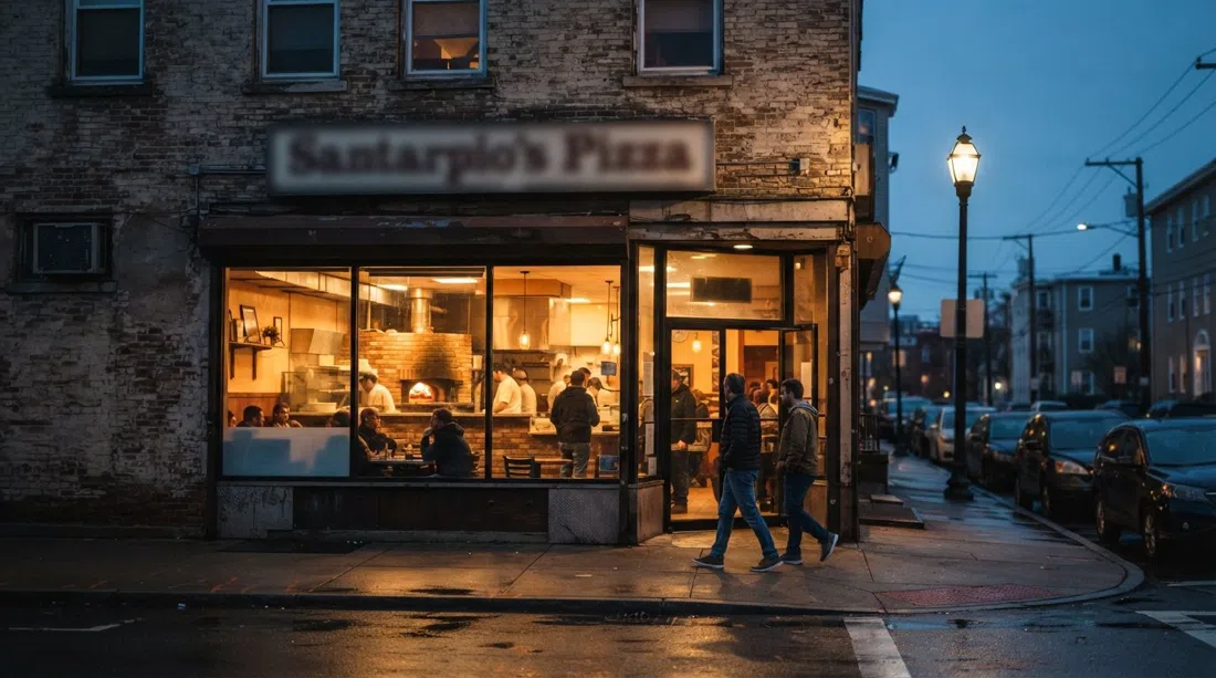 Santarpio's Pizza on Chelsea Street at dusk, the old brick storefront lit from within and a glimpse of the worn oven glow through the window