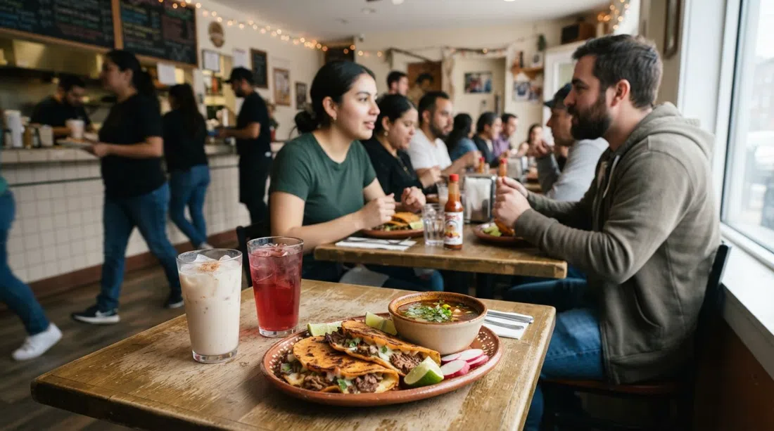 birria tacos and a small bowl of consomé at Taquería Jalisco on Bennington Street, with horchata and agua de Jamaica on a modest table