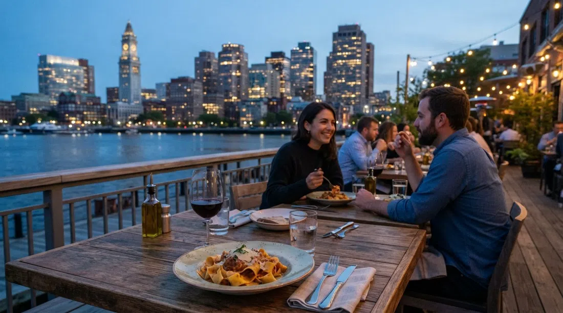 a waterfront table at MIDA East Boston with handmade pasta in the foreground and the downtown skyline across the harbour at blue hour