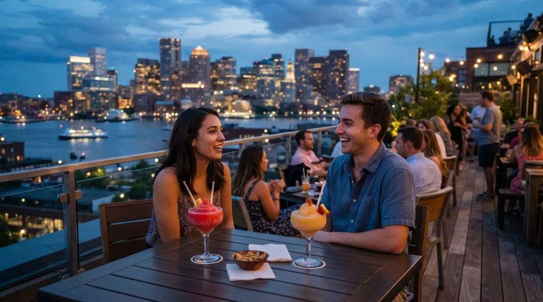 The Layover rooftop at Cunard Tavern on a warm evening, frozen cocktails on the table and the Boston skyline glowing across the harbour