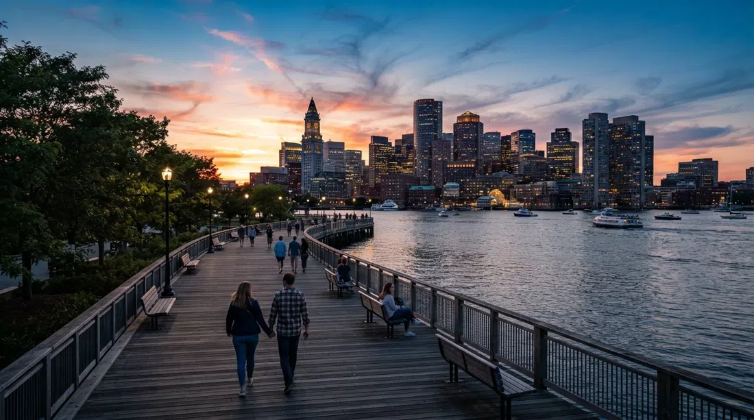 Piers Park's 600-foot promenade at sunset, with the inner harbour in the foreground and Boston's downtown skyline spread across the water