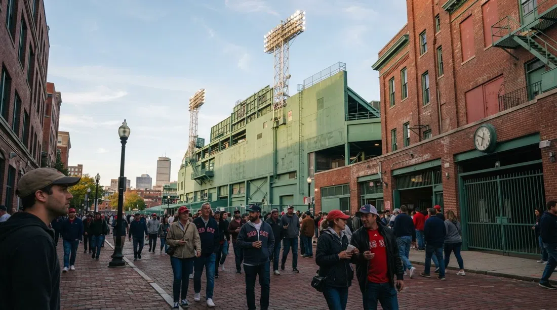 Fenway Park’s Green Monster rising above Jersey Street, the red-brick wall and light towers seen from street level in late afternoon light