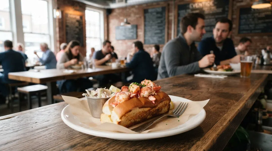 A brown-butter lobster roll at Eventide Fenway on a warm bao-like bun, counter-service plating with a bright, casual dining-room backdrop