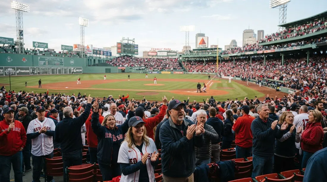 Fans inside Fenway Park during a Red Sox game, the Green Monster in view and the crowd rising together for the eighth-inning singalong