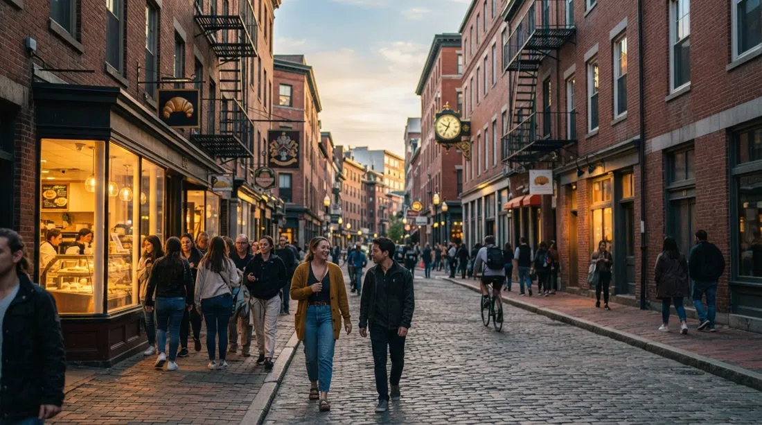 Hanover Street in Boston’s North End at golden hour, pastry shop windows glowing, pedestrians threading past brick tenements and hanging signs