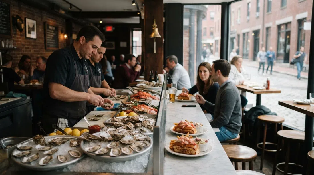 the raw bar window at Neptune Oyster on Salem Street, lobster rolls and oysters framed by a small 37-seat dining room in soft daylight