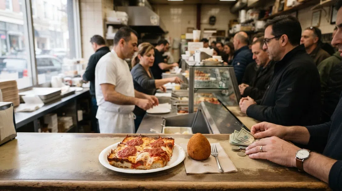a thick Sicilian slice and arancini at Galleria Umberto on Hanover Street, lunch counter scene with cash-only practicality and late-morning light