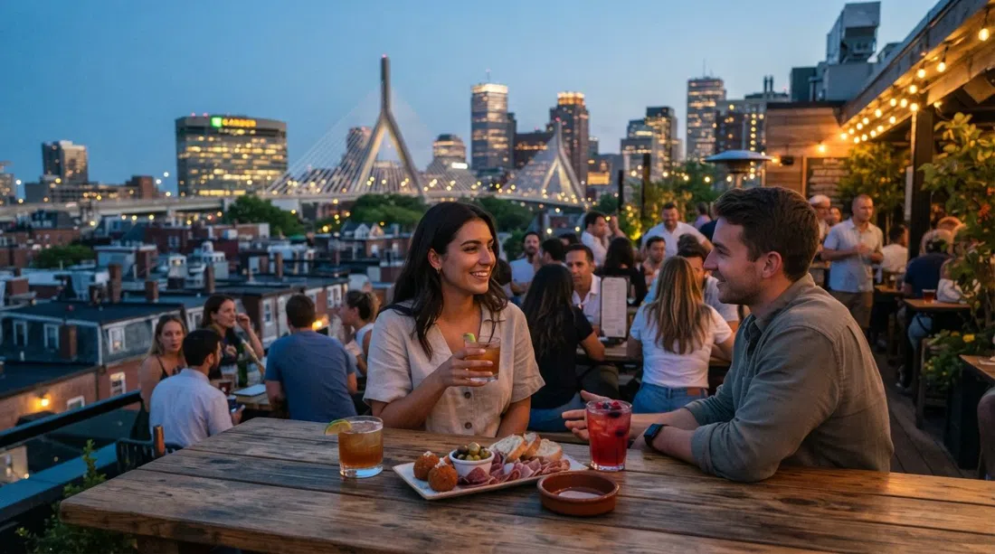 Mia Roof Deck above Hanover Street at dusk, cocktail glasses and shareable plates set against a Boston skyline view