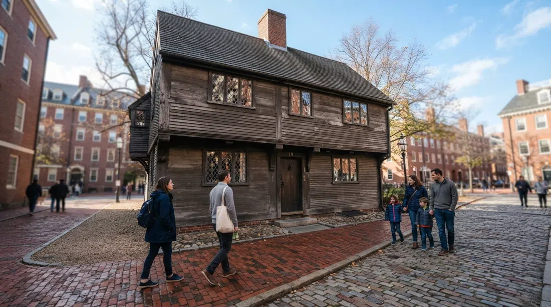 Paul Revere House on North Square, low timbered facade and courtyard museum in clear daylight, framed by brick pavement