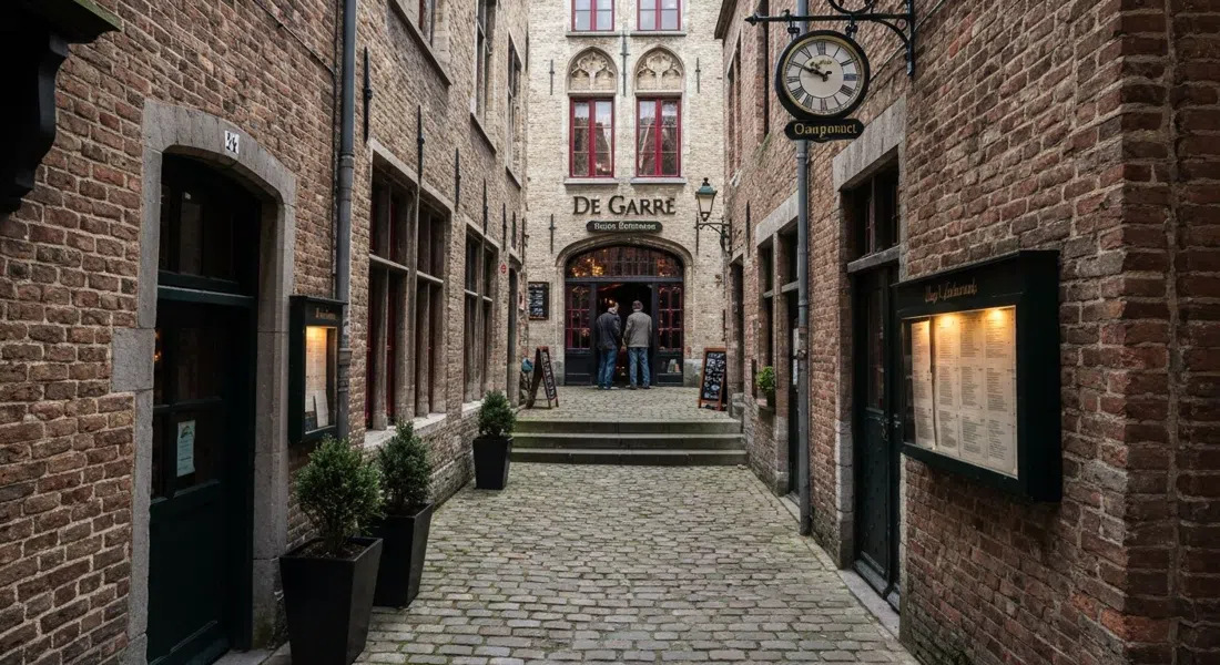 the narrow hidden entrance to De Garre off Breidelstraat in Bruges, a cobbled alley leading down to a medieval tavern door