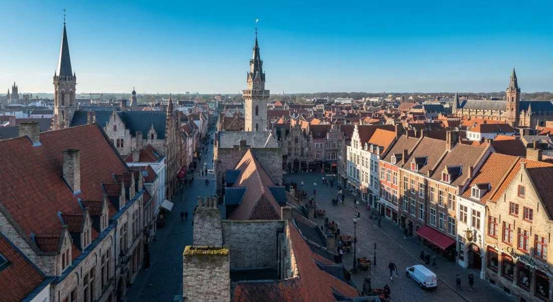 the view from the top of the Belfort over Bruges’ medieval rooftops and the Markt below, seen in clear morning light
