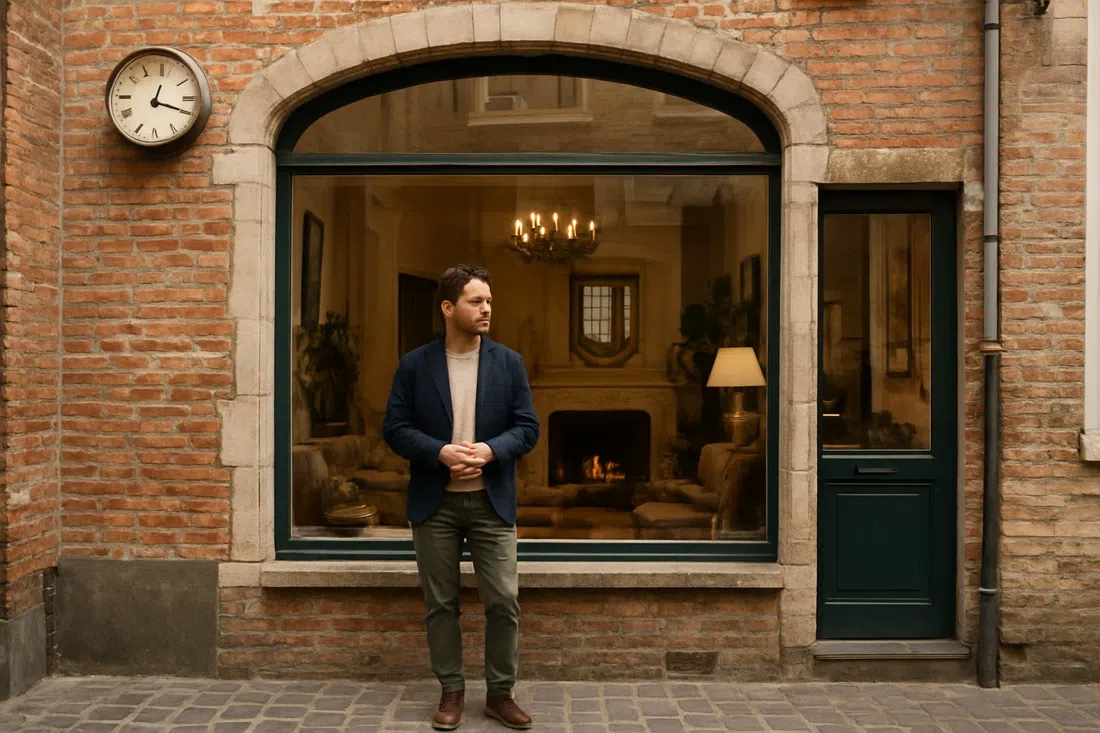 Frederiek Van Pamel in a converted 18th-century townhouse on Ezelstraat 33, with conservatory light, fireplaces and interior objects visible through the shopfront