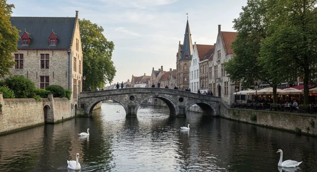 the three-arched Wijngaard Bridge leading into the Begijnhof, with still water and swans below in soft morning light