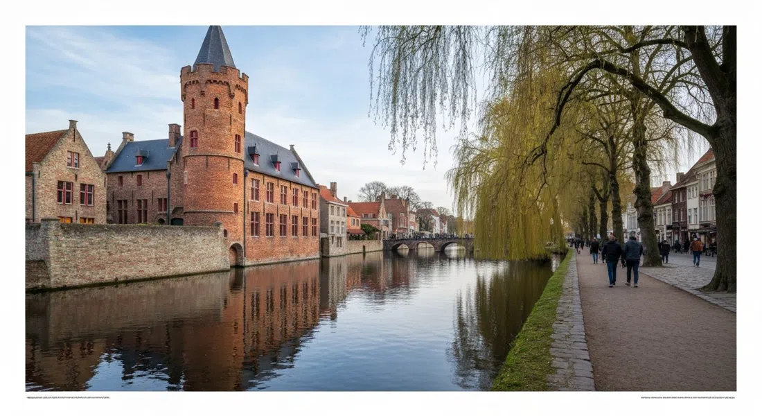 the Poertoren red-brick gunpowder tower beside the Minnewater, with willow reflections and a narrow footpath in late afternoon