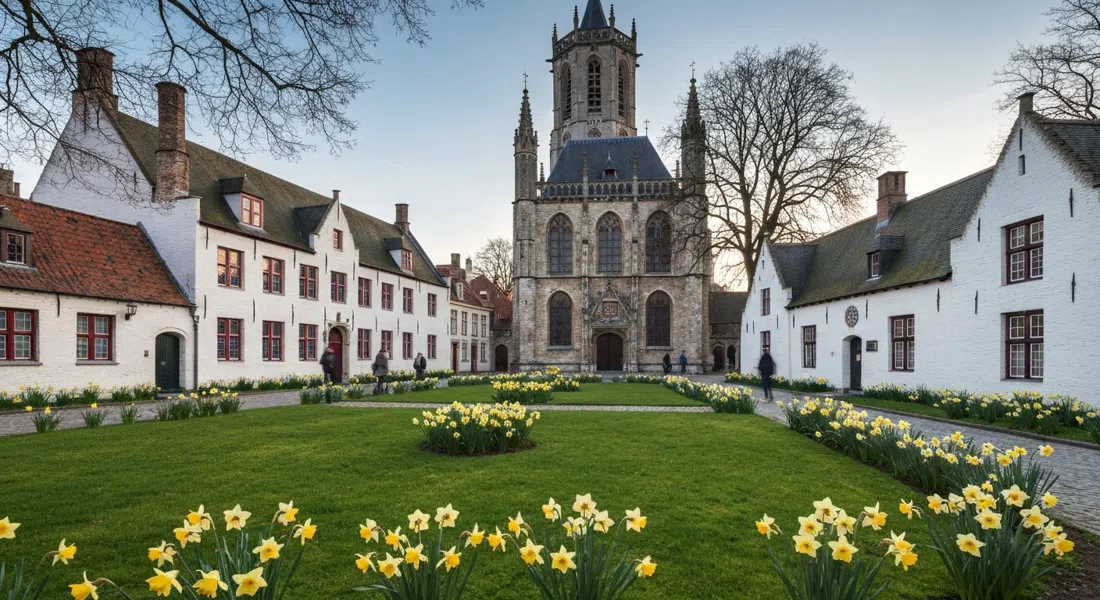 the Begijnhof lawn with white almshouses, daffodils in spring, and the Gothic Begijnhofkerk under soft evening light