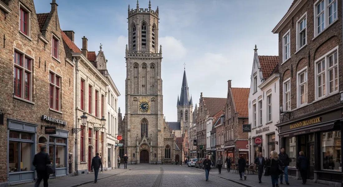 the Church of Our Lady tower rising over Mariastraat in Bruges, seen from street level with brickwork catching soft daylight