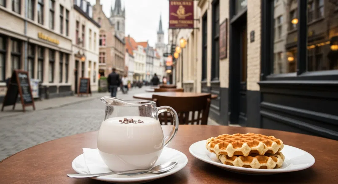 the upstairs tearoom at The Old Chocolate House on Mariastraat, a jug of hot milk with chocolate chunks and Belgian waffles on the table