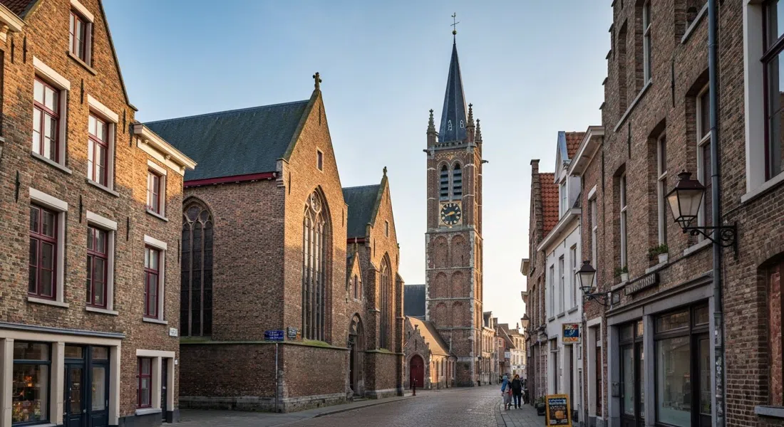 Sint-Gilliskerk on Baliestraat, plain brick-Gothic façade with the tower clock visible above a quiet residential street in soft afternoon light