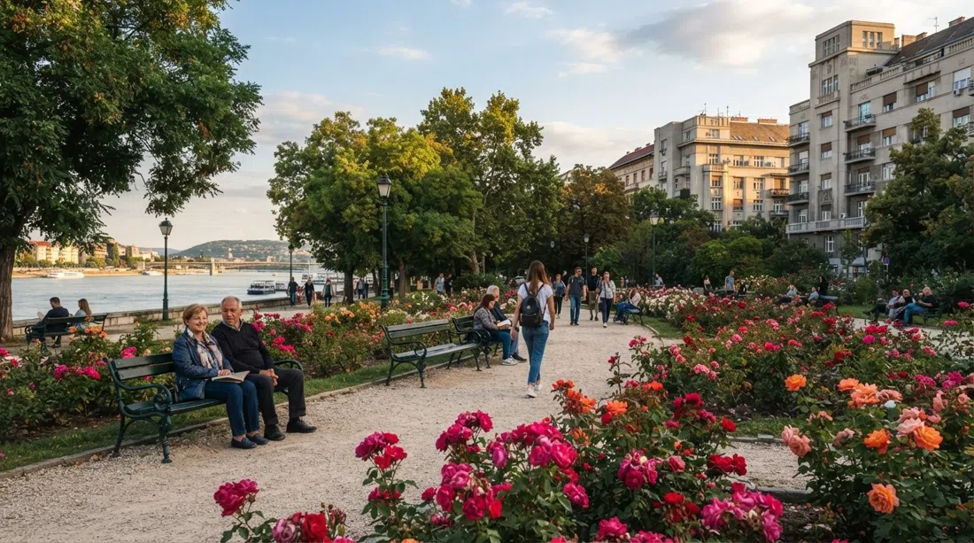 Szent István Park in late afternoon light, its rose garden and Danube-facing benches framed by the Dunapark apartment blocks