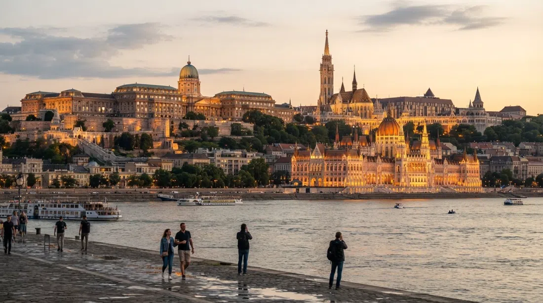 Buda Castle, Matthias Church and Fisherman’s Bastion lined along the Castle Hill ridge above the Danube at golden hour, with Parliament glowing across the river