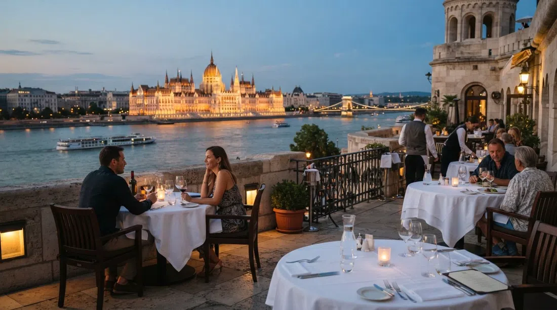 the terrace at Aranybástya with white tablecloths, Danube panorama and Parliament across the water in soft evening light