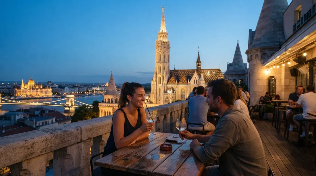 White Raven Skybar on the Hilton roof at dusk, Matthias Church spire at eye level and cocktail glasses catching the last light