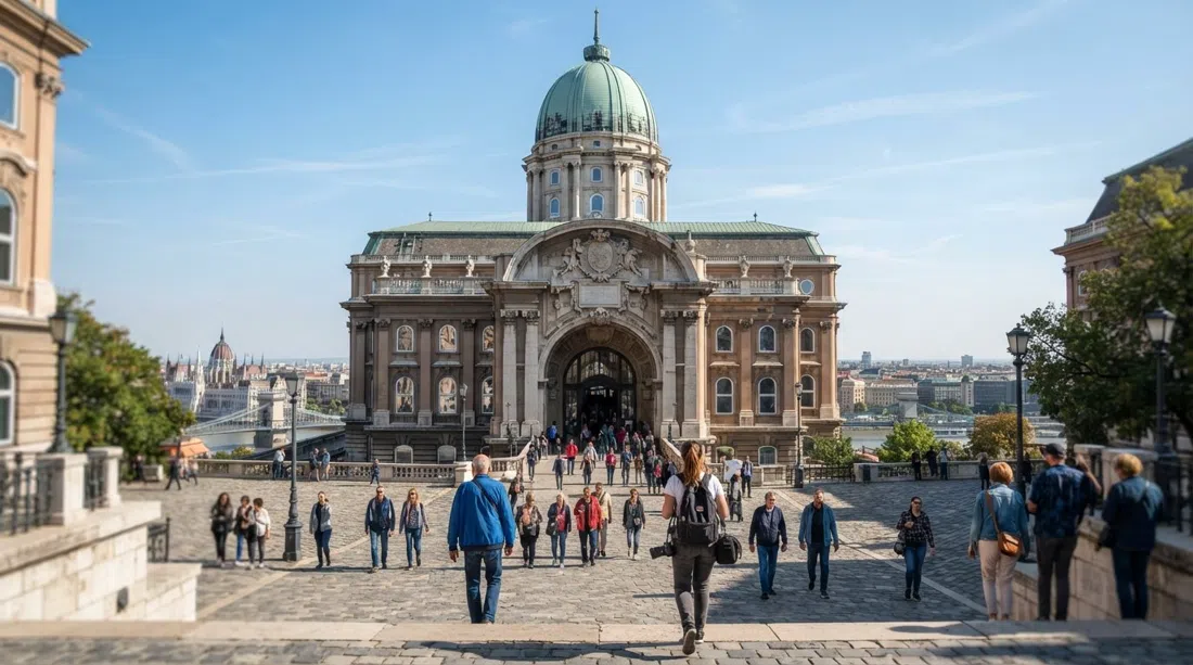 the courtyard and domed mass of Buda Castle on the ridge, with visitors entering the Hungarian National Gallery under a clear afternoon sky