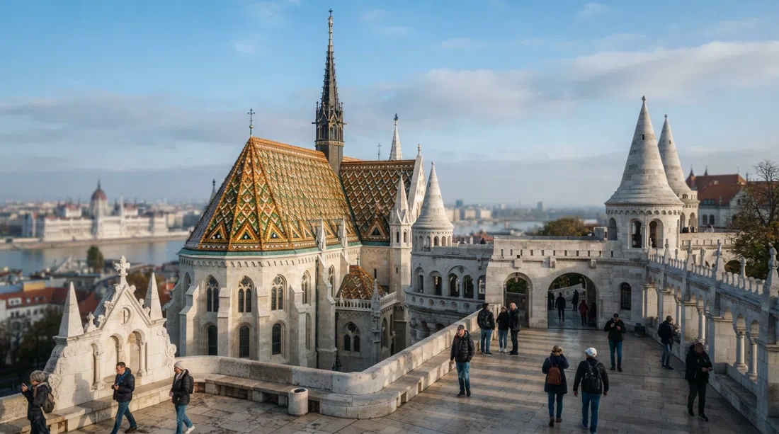 Matthias Church roof of patterned Zsolnay tiles and the white turrets of Fisherman’s Bastion beside it, seen in crisp morning light