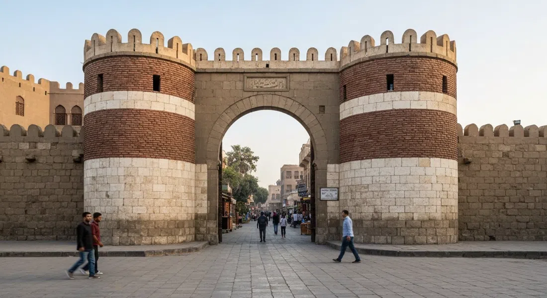 the Babylon Fortress entrance in Coptic Cairo, with its twin round bastions banded in red brick and white stone framing the gateway in soft morning light