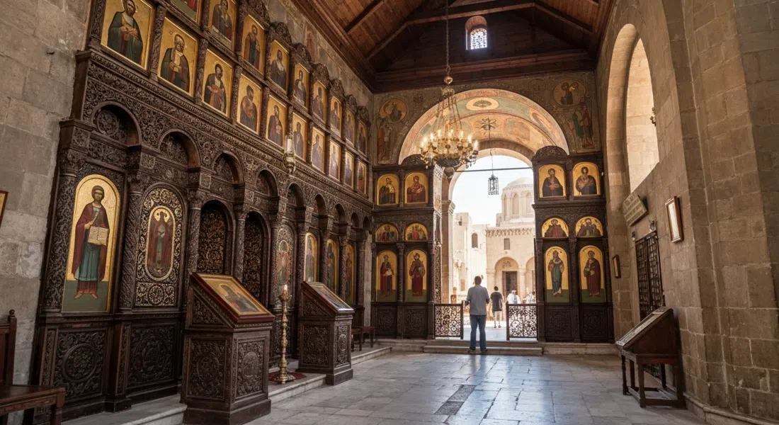 the Hanging Church interior in Coptic Cairo, showing the ebony-and-ivory sanctuary screen, icon-lined walls and the ark-shaped wooden ceiling in cool daylight