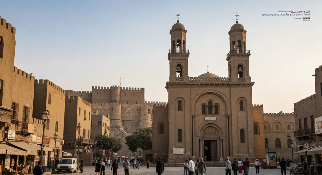 the Hanging Church facade and twin bell towers in Coptic Cairo, seen from below with the fortress stone rising behind it in early morning light