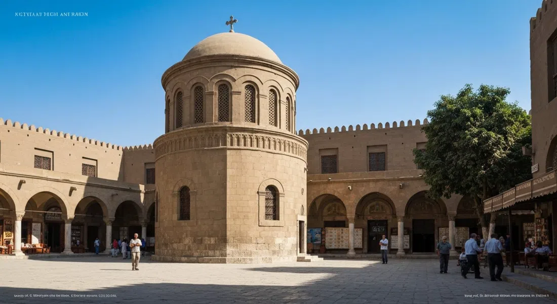 the round Greek Orthodox Church of St George in Coptic Cairo, built on a Roman tower and photographed from the courtyard with the convent walls around it
