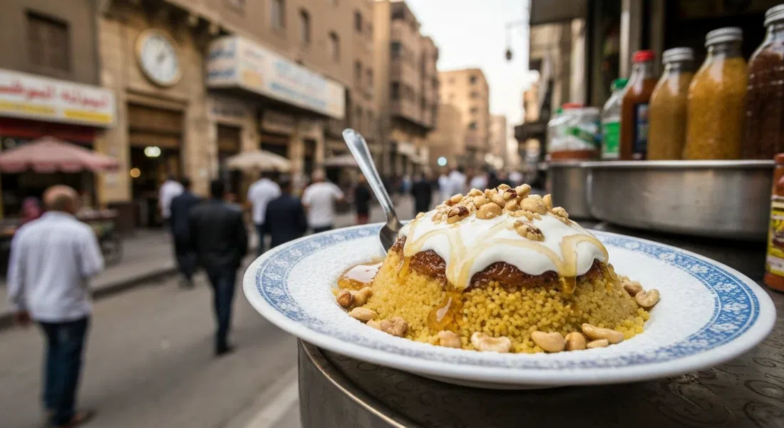 a plate of warm sweet couscous from Abu Ahmed Couscous on Mari Gerges Street, topped with cream, honey, powdered sugar and nuts at a small street-side kiosk