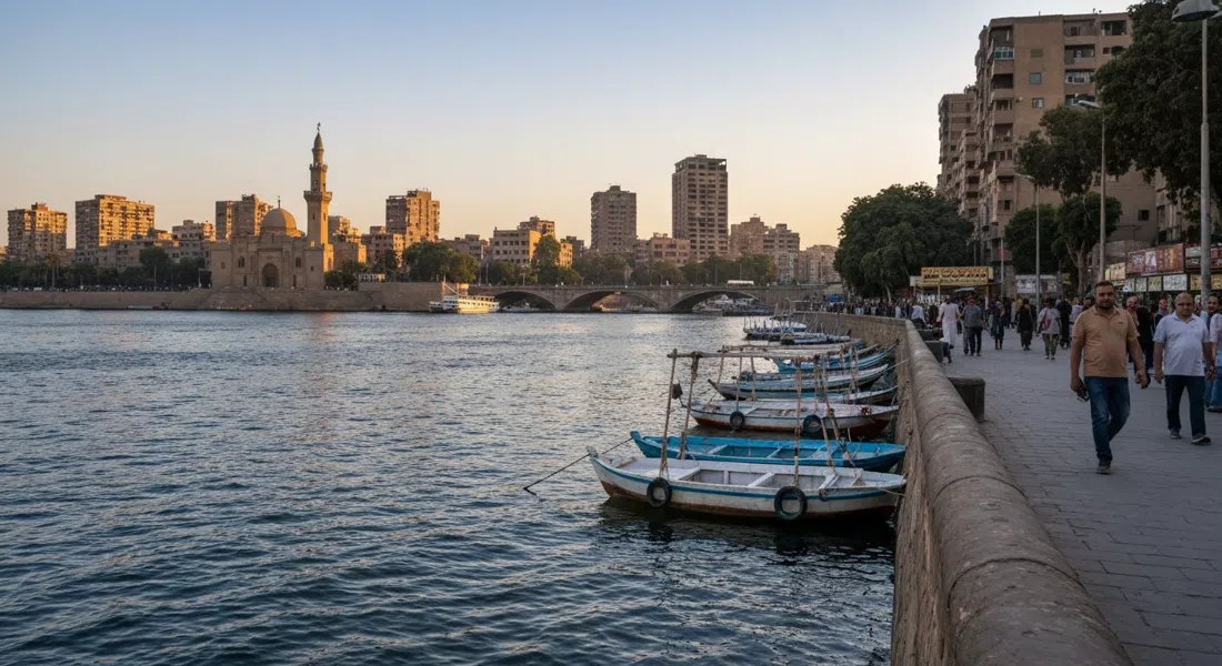 the Agouza Nile corniche at sunset with feluccas moored below the wall and Zamalek's skyline across the water