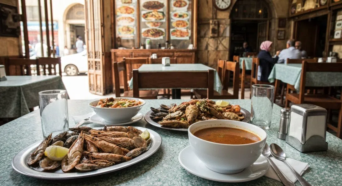 the dining room at Flying Fish on El Nil Street, simple tables, seafood platters and a bowl of fish soup in a no-frills 1979 restaurant