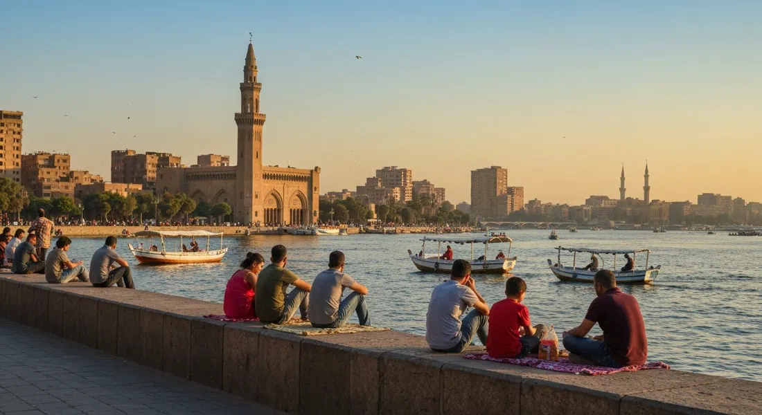 families picnicking on the Agouza corniche wall at golden hour with feluccas on the Nile and Zamalek across the water