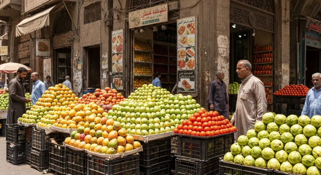 Soliman Gohar Street's open-air fruit market in Dokki, crates of mangoes, guavas and tomatoes under bright daytime sun