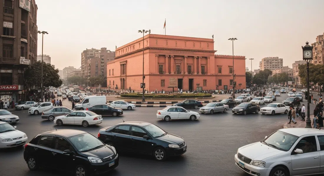 Tahrir Square in downtown Cairo at street level, with the salmon-pink Egyptian Museum facade and thick traffic circling the roundabout under a hazy afternoon sky