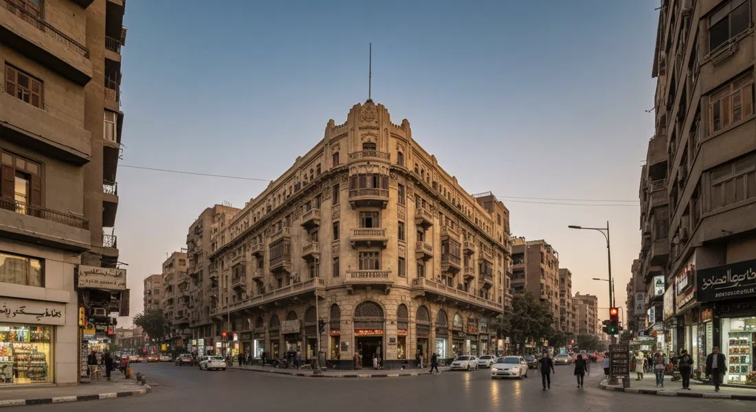 the Yacoubian Building on Talaat Harb Street, its 1930s facade rising above street traffic and shopfronts in late-day light