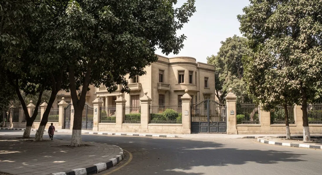 a quiet curving Garden City street at midday, ficus trees shading an Art Deco villa behind embassy-style gates and security barriers