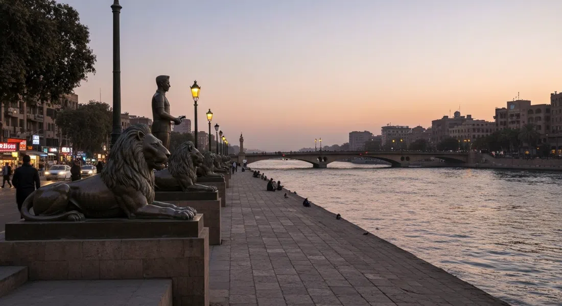 the Qasr al-Nil Bridge lions at dusk, bronze statues silhouetted against the river and evening traffic