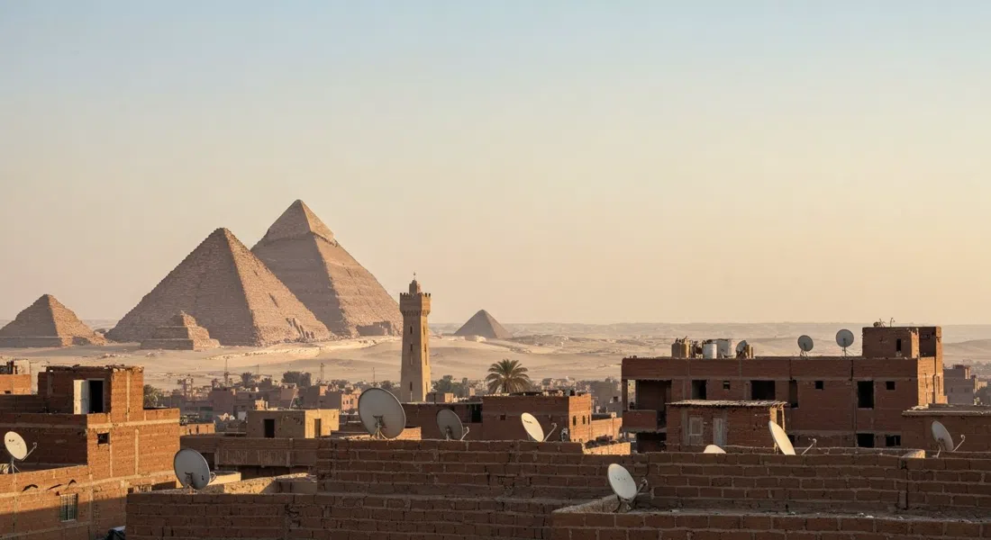 the Pyramids of Giza rising above Nazlet El Semman at dawn, with rooftops, satellite dishes and a pale desert sky in the foreground