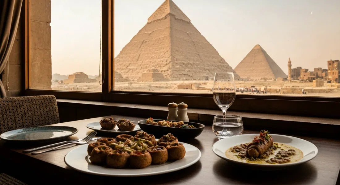 a table at Khufu's with contemporary Egyptian tasting dishes in the foreground and the Great Pyramid filling the window behind, late-afternoon light across the glass