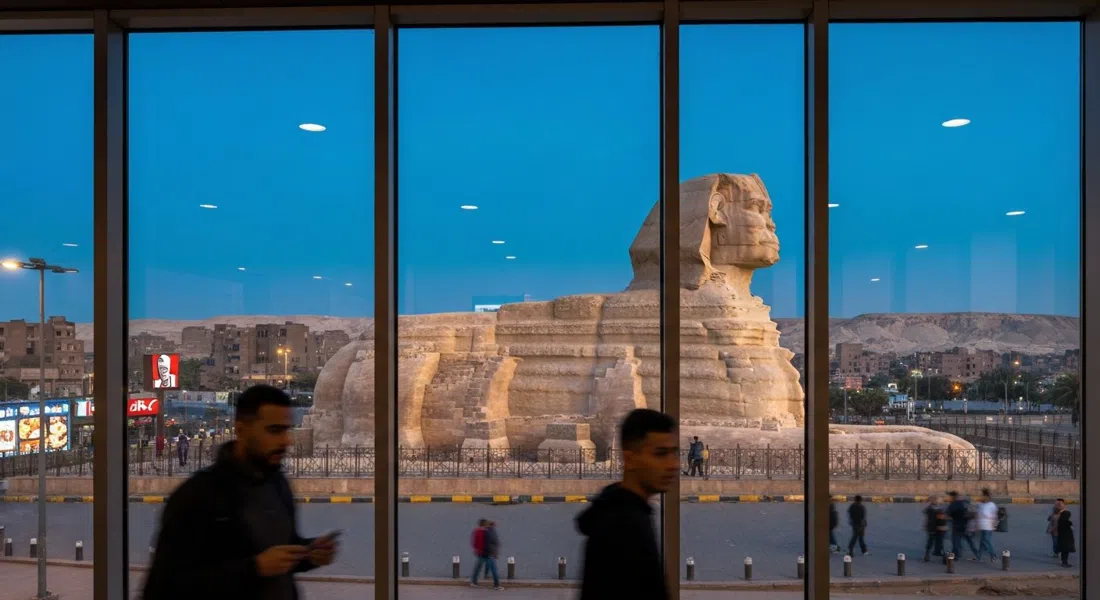 the upper-floor window at KFC / Pizza Hut on Abou El Houl Square, with the Sphinx and part of the plateau framed beyond the glass at blue hour