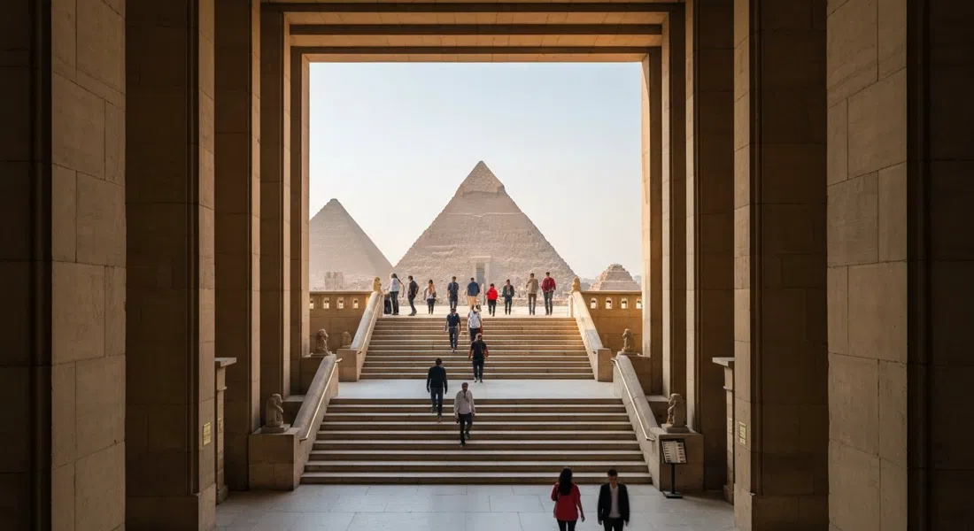 the Grand Egyptian Museum’s staircase rising through the atrium, with the pyramids visible through the framing window and visitors ascending in morning light
