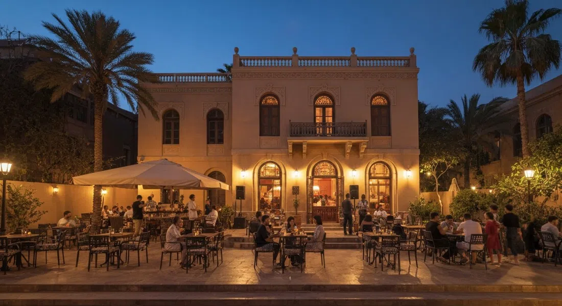 the terrace of the 1920s Boutique Hotel at night, warm lights under a restored villa facade with live music and guests outdoors