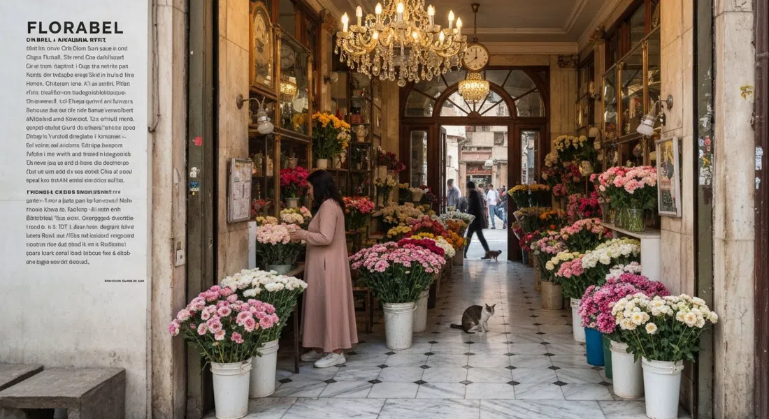 Florabel on Baghdad Street with its chandelier, marble floor, flower buckets and the resident cat in a retro florist interior