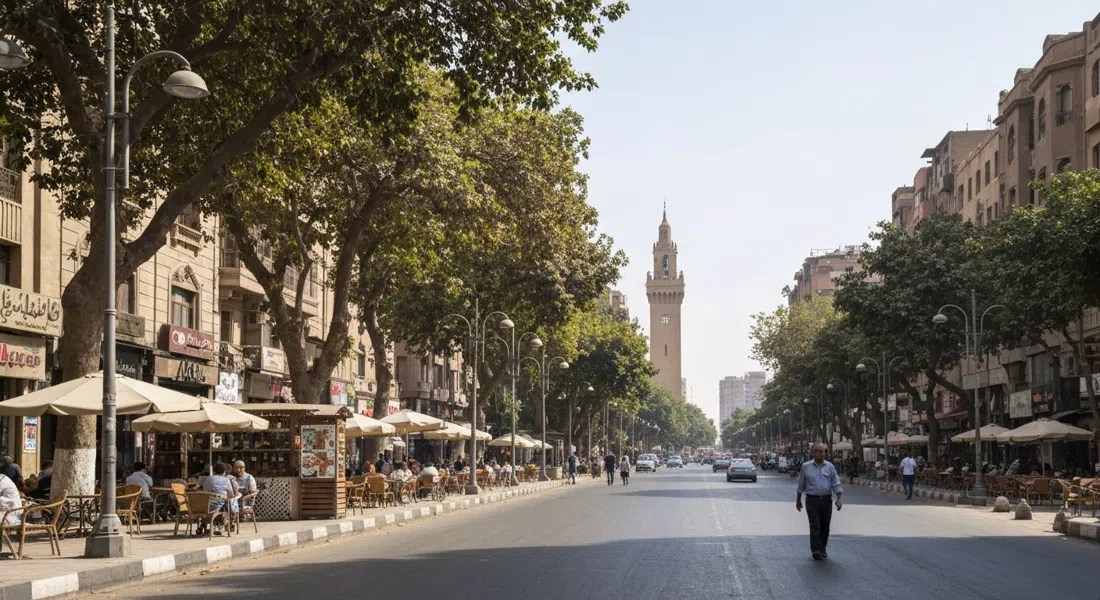 Road 9 in Maadi lined with trees, café terraces and slow-moving pedestrians in late-morning light, Cairo