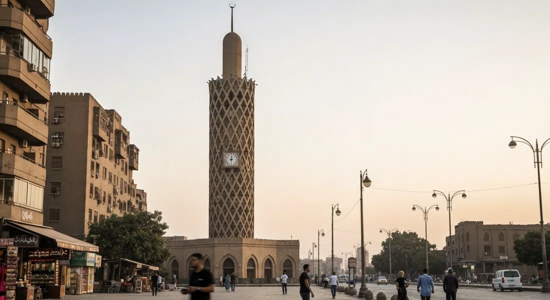 Cairo Tower rising above Gezira island at late afternoon, its lotus-lattice concrete shaft against a pale Cairo sky